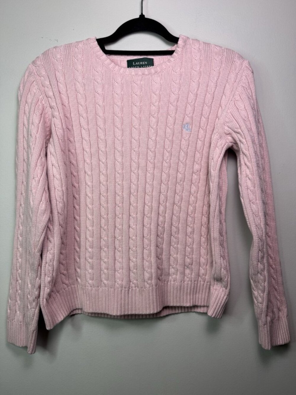 VTG Ralph Lauren Womens Cotton Cable Knit Crew Neck Sweater RLL Logo Pink L - Picture 3 of 14